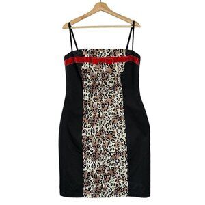 Lucky 13 Leo Black Cheetah Print Red Velvet Bow Bust Pencil Midi Dress Size XXL